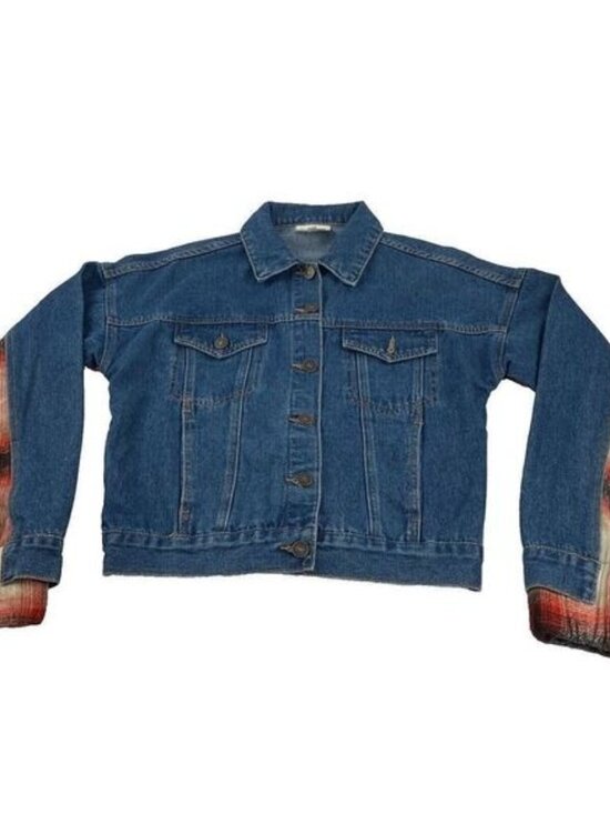 BKE Jacket Women Sz XS Relaxed Jean and plaid flannel Boho Trucker outdoor Blue - Picture 1 of 15